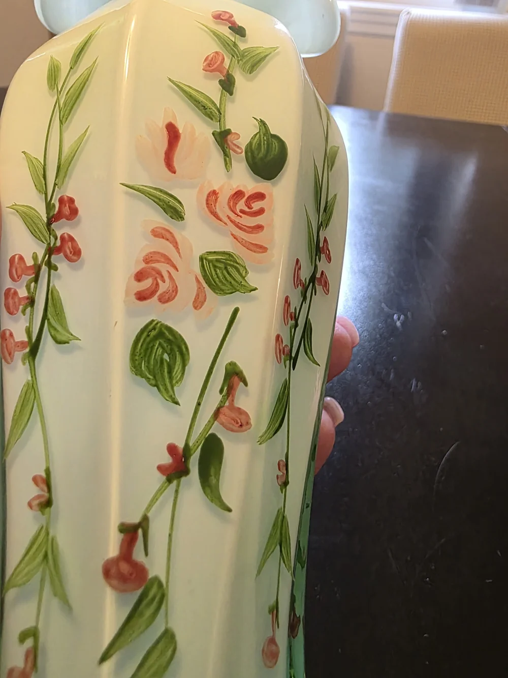 Fenton Opaline Green Cased Glass Ruffle Vintage Floral Hand Painted Roses Vase